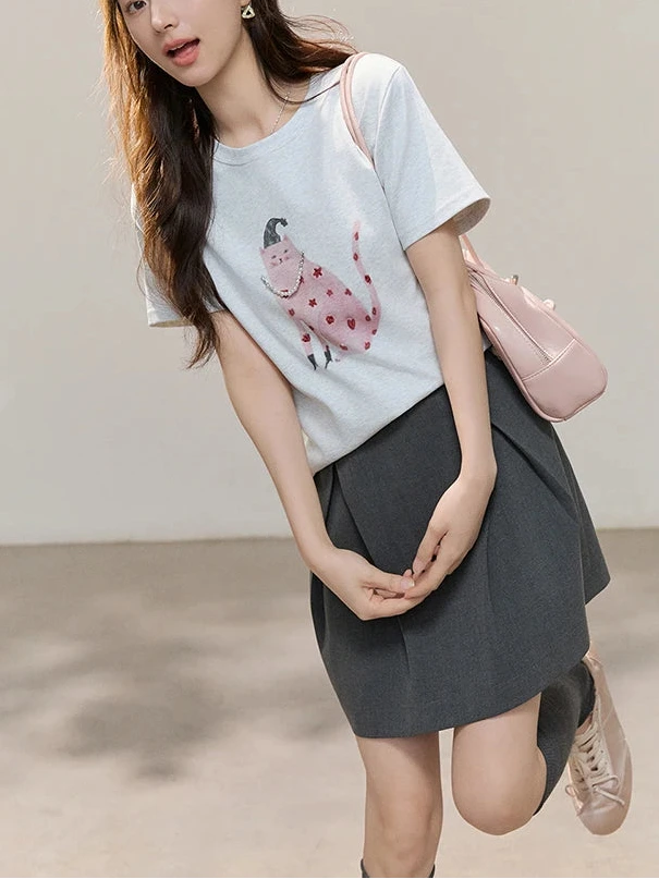 Women's Cartoon Cat Print Cotton T-Shirt | Casual Loose Soft Crew Neck Short Sleeve Tee