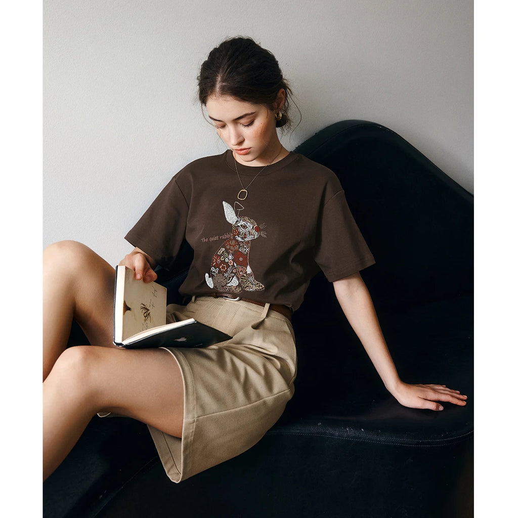 Women's Heavy Embroidery Oversized T-Shirt | Casual Crew Neck Cotton Tee