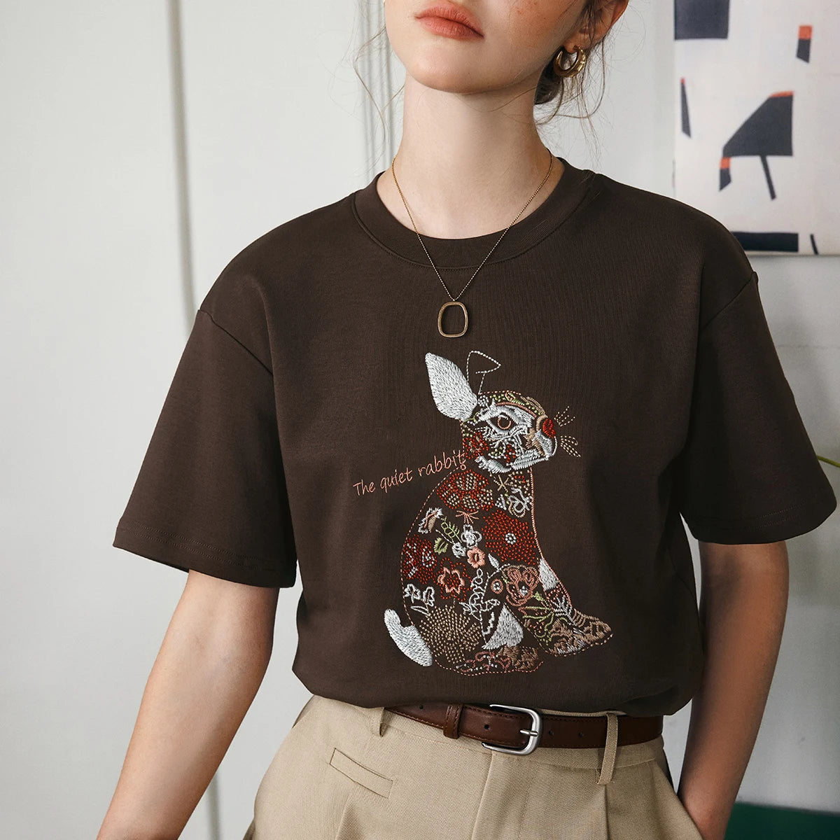 Women's Heavy Embroidery Oversized T-Shirt | Casual Crew Neck Cotton Tee