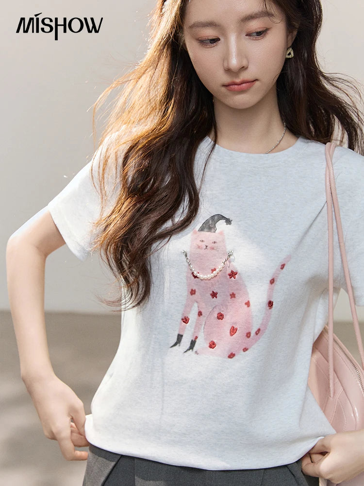 Women's Cartoon Cat Print Cotton T-Shirt | Casual Loose Soft Crew Neck Short Sleeve Tee