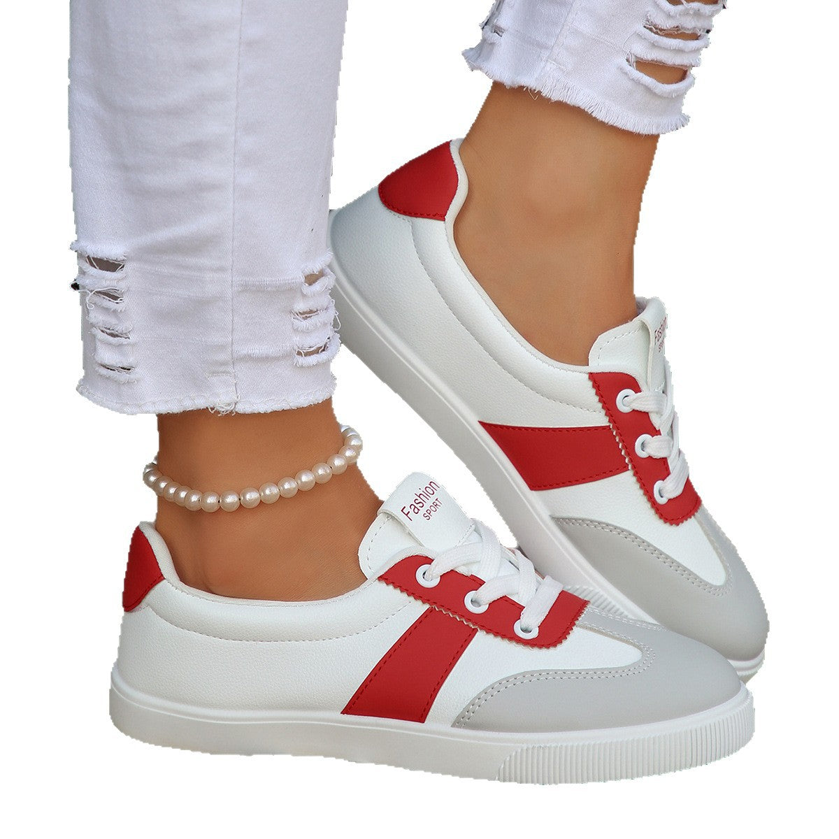 Korean-Style Women's Breathable Flat Sneakers – Color-Block Casual Shoes in Black & Red